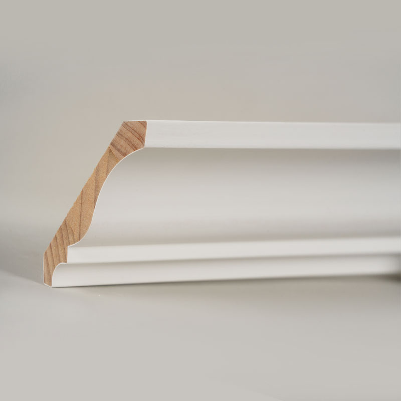 Pine Wood Crown Molding (Filler-Primed at Pearl White) 3/5' x 4 1/4'
