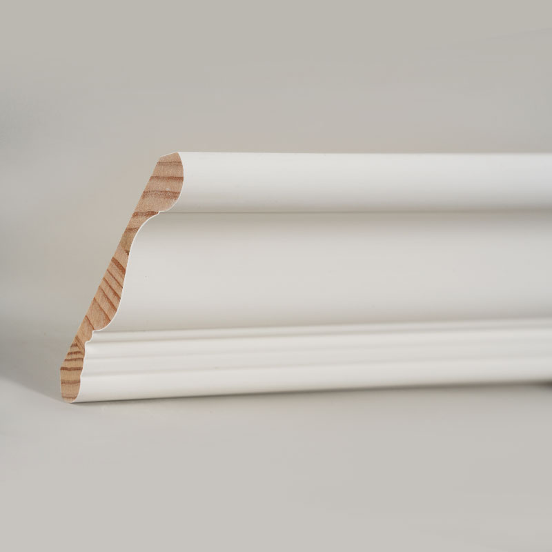 Pine Wood Crown Molding (Filler-Primed at Pearl White) 3/5' x 4 1/4'