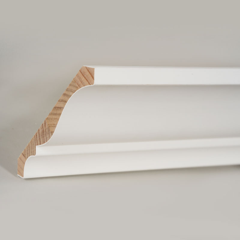 Pine Wood Crown Molding (Filler-Primed at Pearl White) 3/5' x 5 1/4'