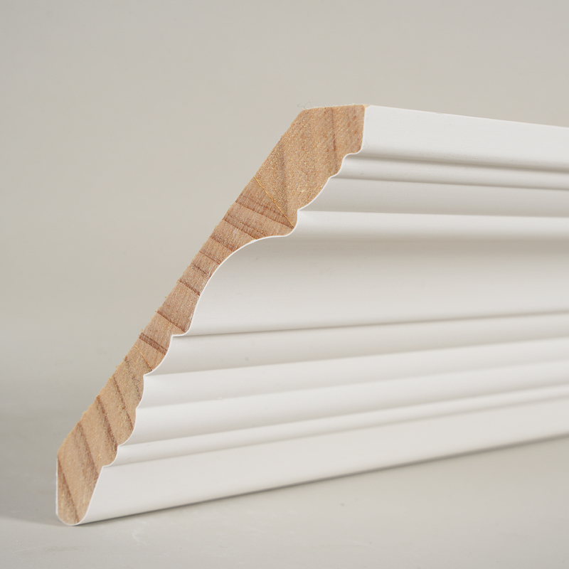 Pine Wood Crown Molding (Filler-Primed at Pearl White) 3/5' x 4 1/2'