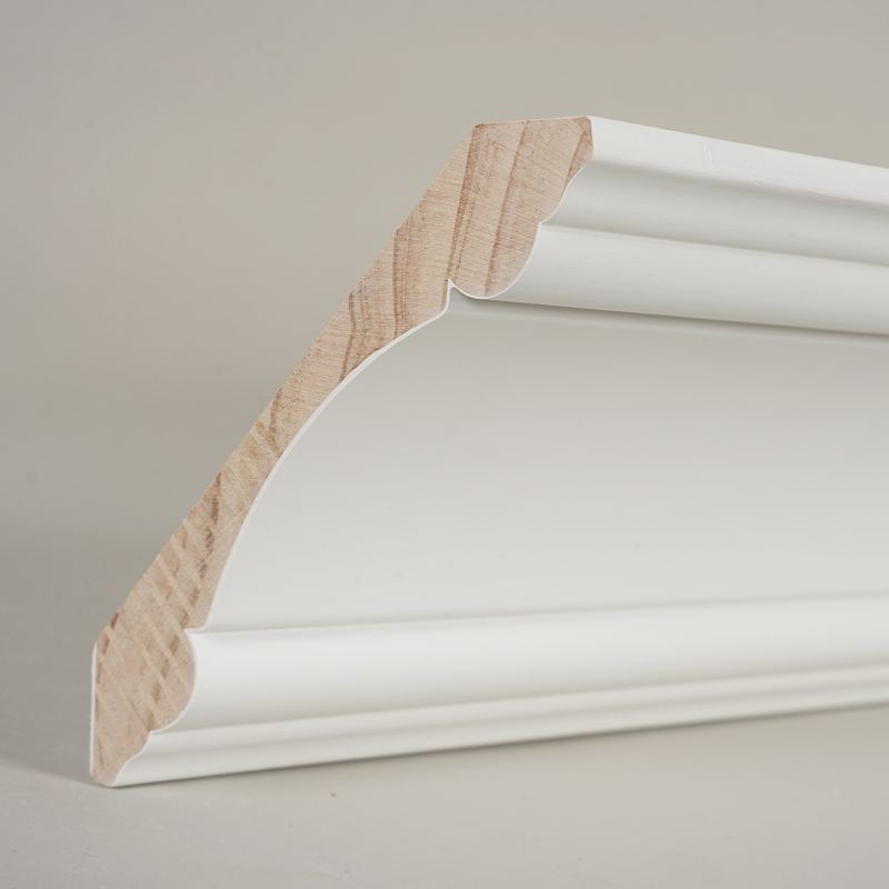 Pine Wood Crown Molding (Filler-Primed at Pearl White) 3/4' x 4 3/4'